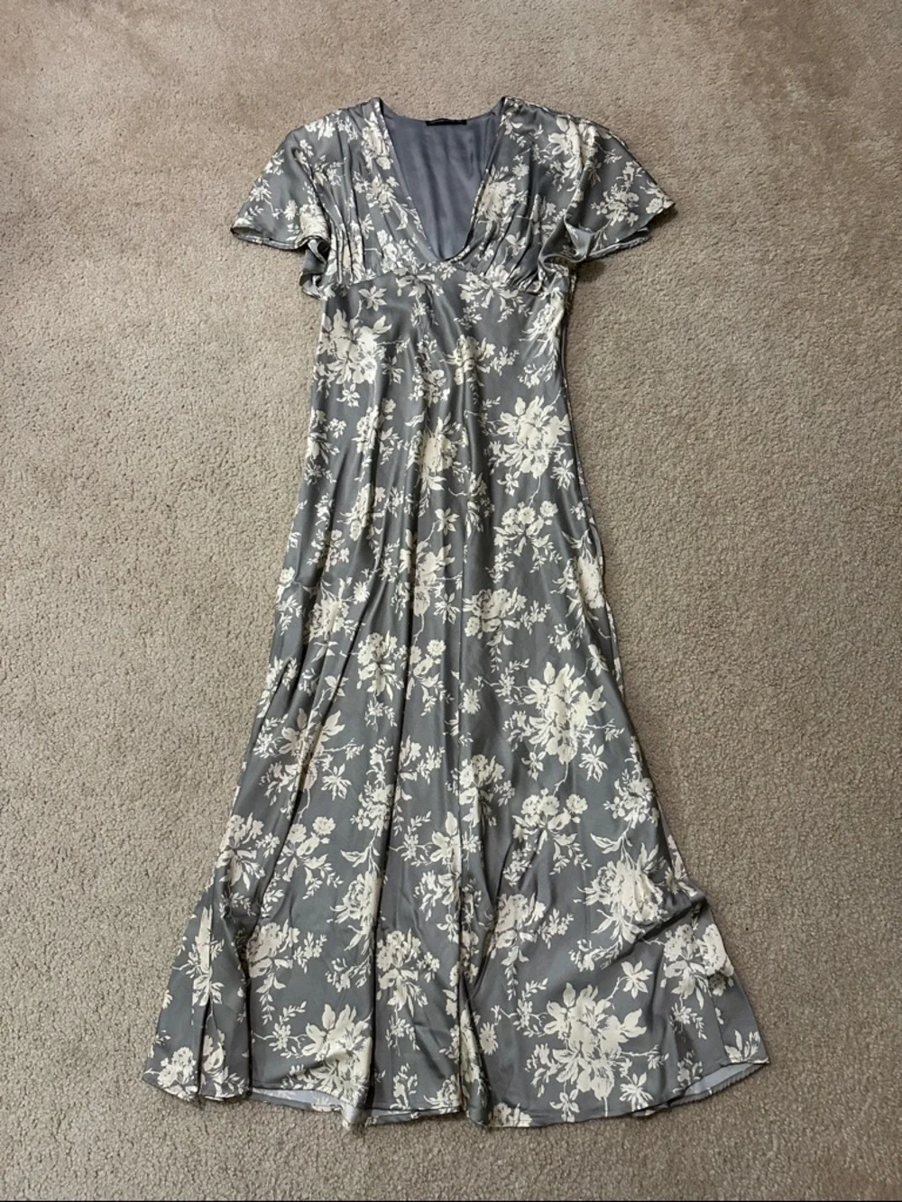 Abercrombie & Fitch Gray Satin Maxi Dress with Cream Floral Print